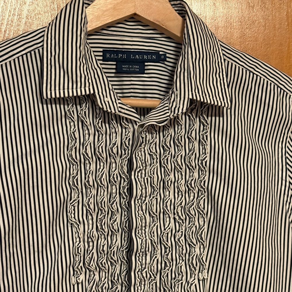 Ralph Lauren Ladies Black and White Striped Tuxedo Style Shirt Sz 8 EUC